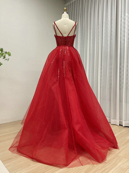 Silver Beaded Illusion Evening Gown with Sheer Tulle Overskirt MY30161
