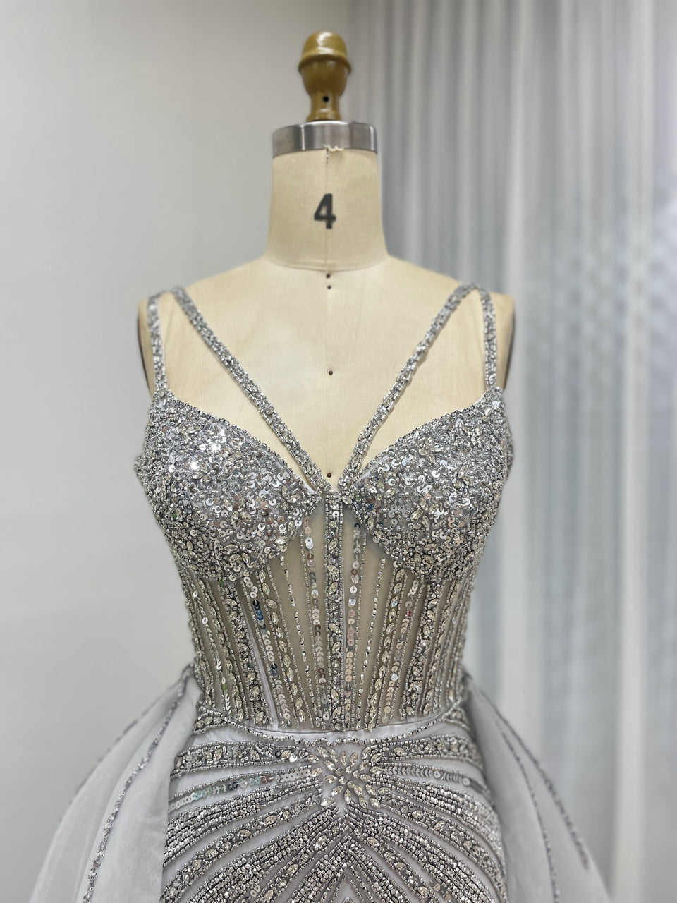 Luxury Silver Gray Beaded Mermaid Evening Dress with Detachable Tulle Overskirt MY30161