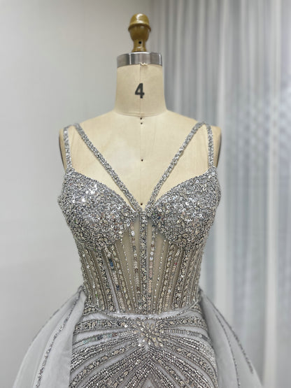 Luxury Silver Gray Beaded Mermaid Evening Dress with Detachable Tulle Overskirt MY30161