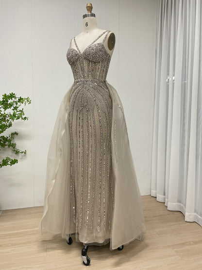 Silver Beaded Illusion Evening Gown with Sheer Tulle Overskirt MY30161