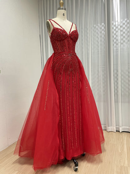 Silver Beaded Illusion Evening Gown with Sheer Tulle Overskirt MY30161