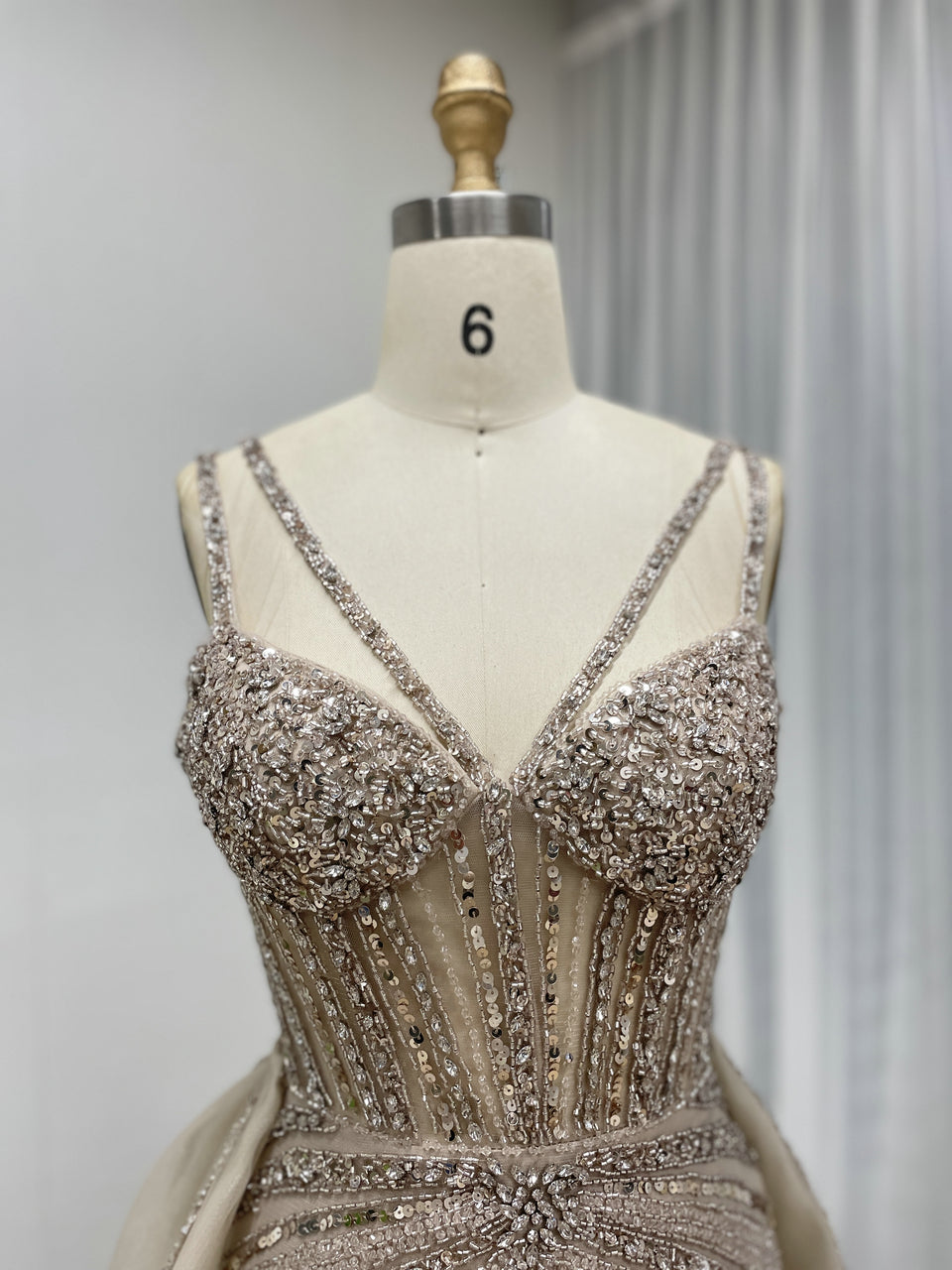 Silver Beaded Illusion Evening Gown with Sheer Tulle Overskirt MY30161