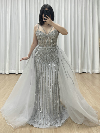Luxury Silver Gray Beaded Mermaid Evening Dress with Detachable Tulle Overskirt MY30161