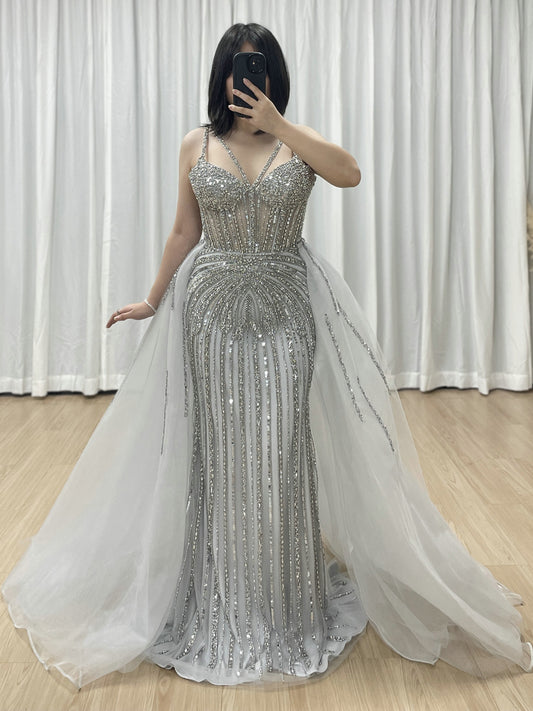 Luxury Silver Gray Beaded Mermaid Evening Dress with Detachable Tulle Overskirt MY30161
