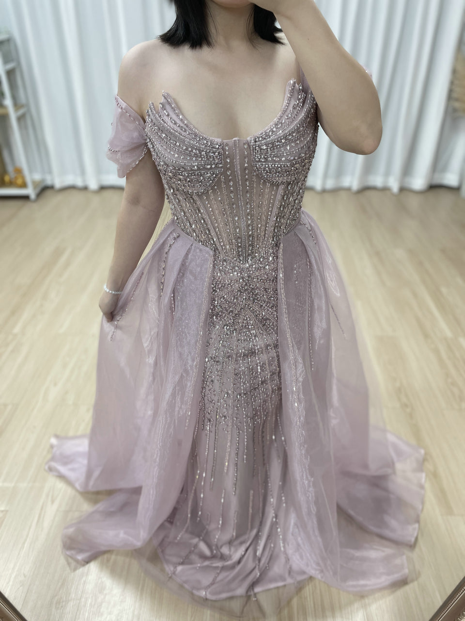 Elegant Pink Beaded Off-Shoulder Corset Evening Dress MY30163