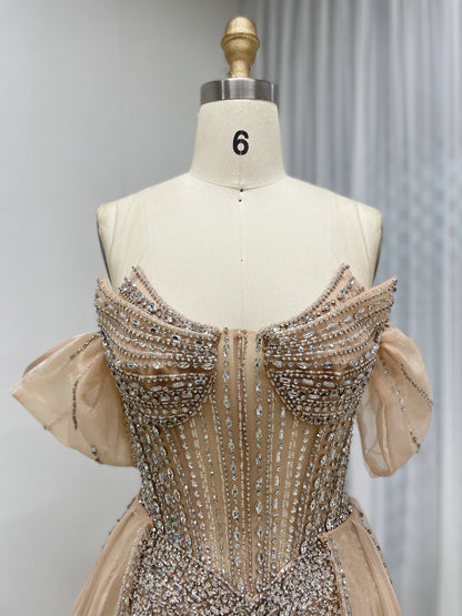 Elegant Pink Beaded Off-Shoulder Corset Evening Dress MY30163
