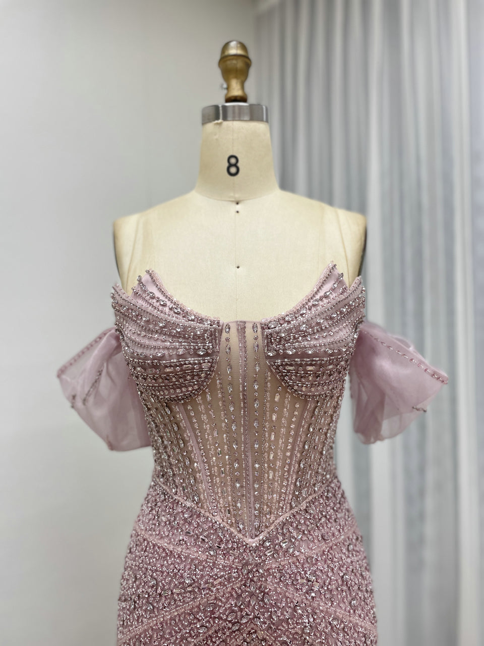 Elegant Pink Beaded Off-Shoulder Corset Evening Dress MY30163