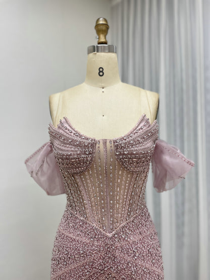 Elegant Pink Beaded Off-Shoulder Corset Evening Dress MY30163