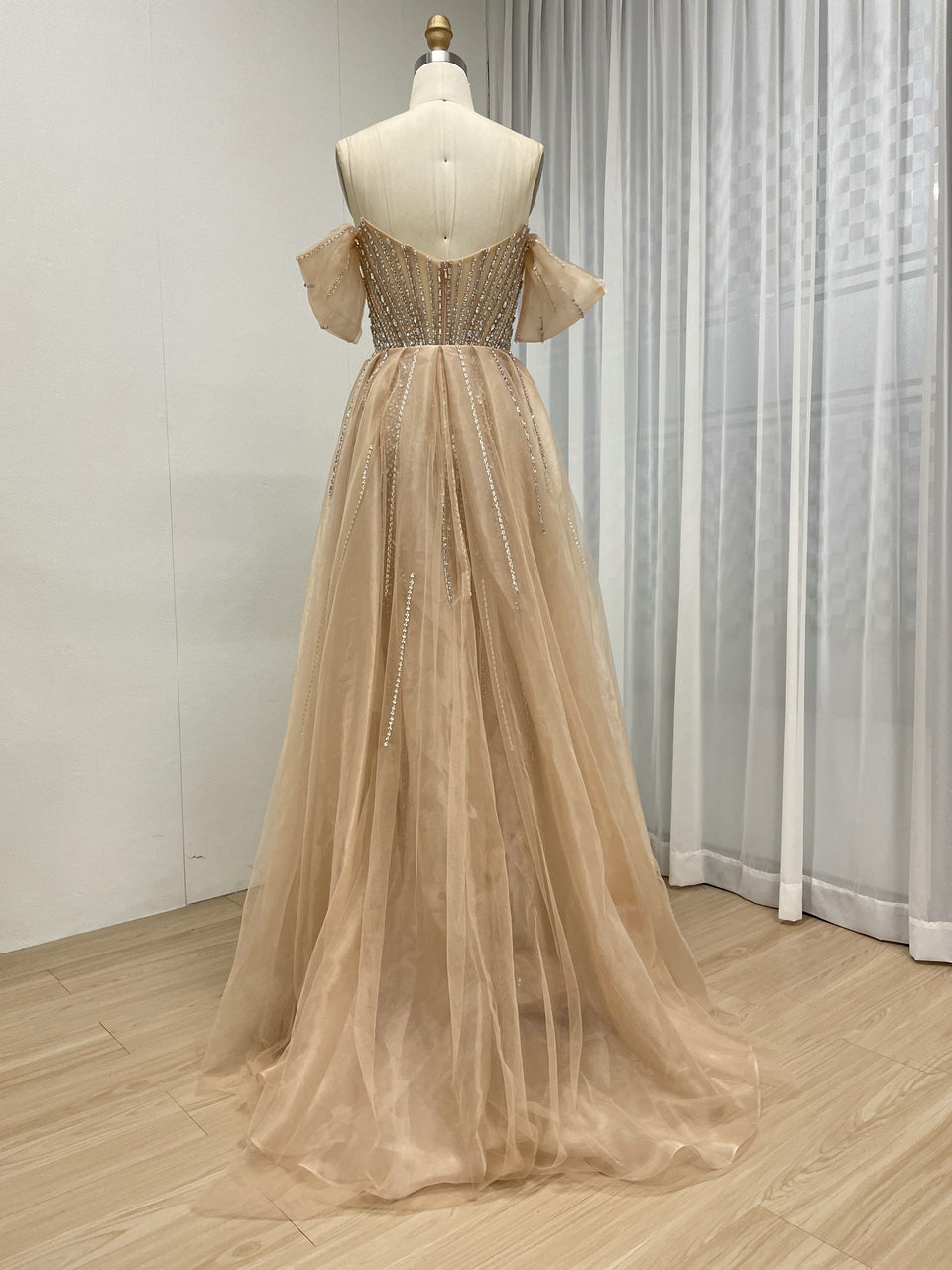 Elegant Pink Beaded Off-Shoulder Corset Evening Dress MY30163