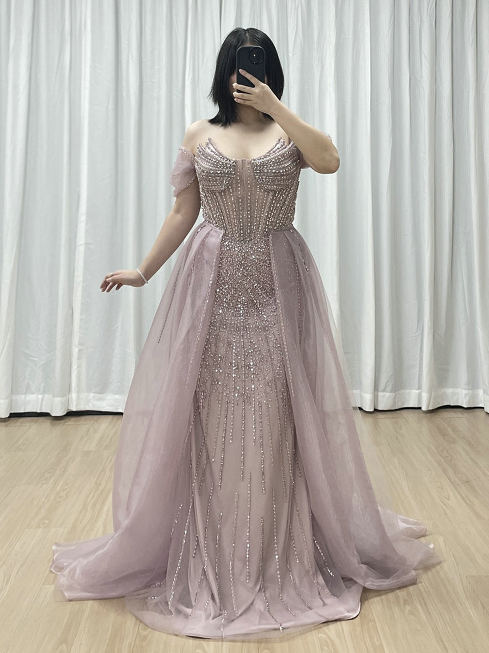 Elegant Pink Beaded Off-Shoulder Corset Evening Dress MY30163