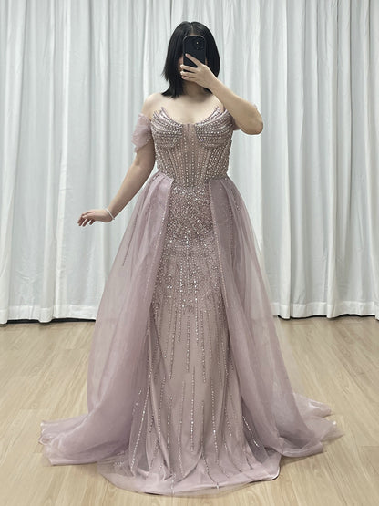 Elegant Pink Beaded Off-Shoulder Corset Evening Dress MY30163