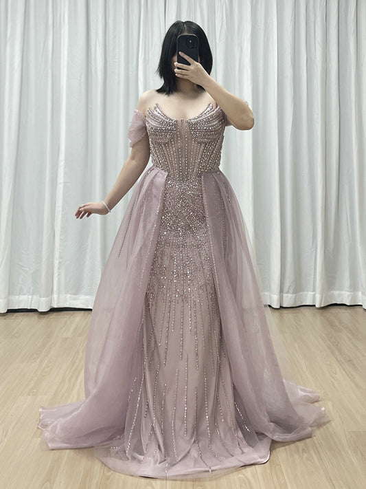 Elegant Pink Beaded Off-Shoulder Corset Evening Dress MY30163
