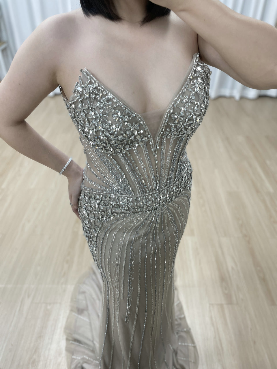 Intricate Beaded Formal Gown with Off-Shoulder and Detachable Sleeves MY30164