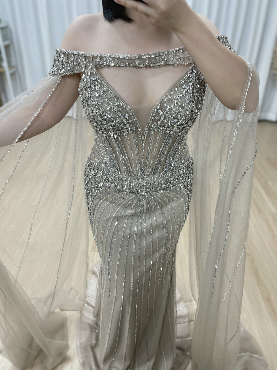 Intricate Beaded Formal Gown with Off-Shoulder and Detachable Sleeves MY30164