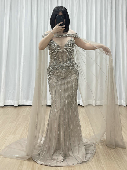 Intricate Beaded Formal Gown with Off-Shoulder and Detachable Sleeves MY30164