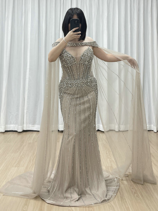 Intricate Beaded Formal Gown with Off-Shoulder and Detachable Sleeves MY30164