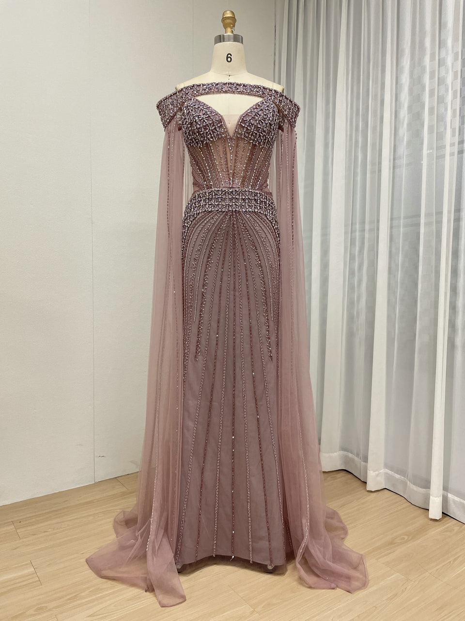 Intricate Beaded Formal Gown with Off-Shoulder and Detachable Sleeves MY30164