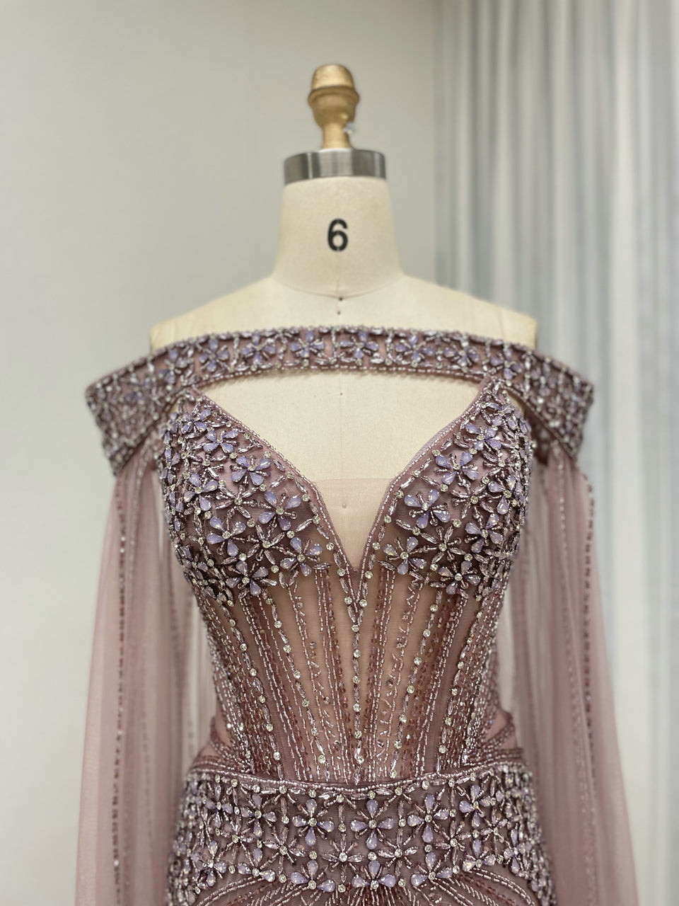 Intricate Beaded Formal Gown with Off-Shoulder and Detachable Sleeves MY30164