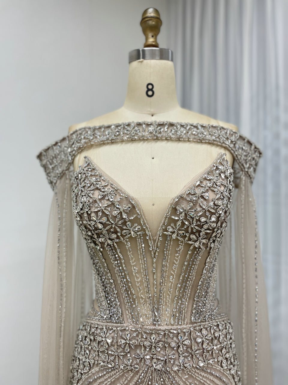 Intricate Beaded Formal Gown with Off-Shoulder and Detachable Sleeves MY30164