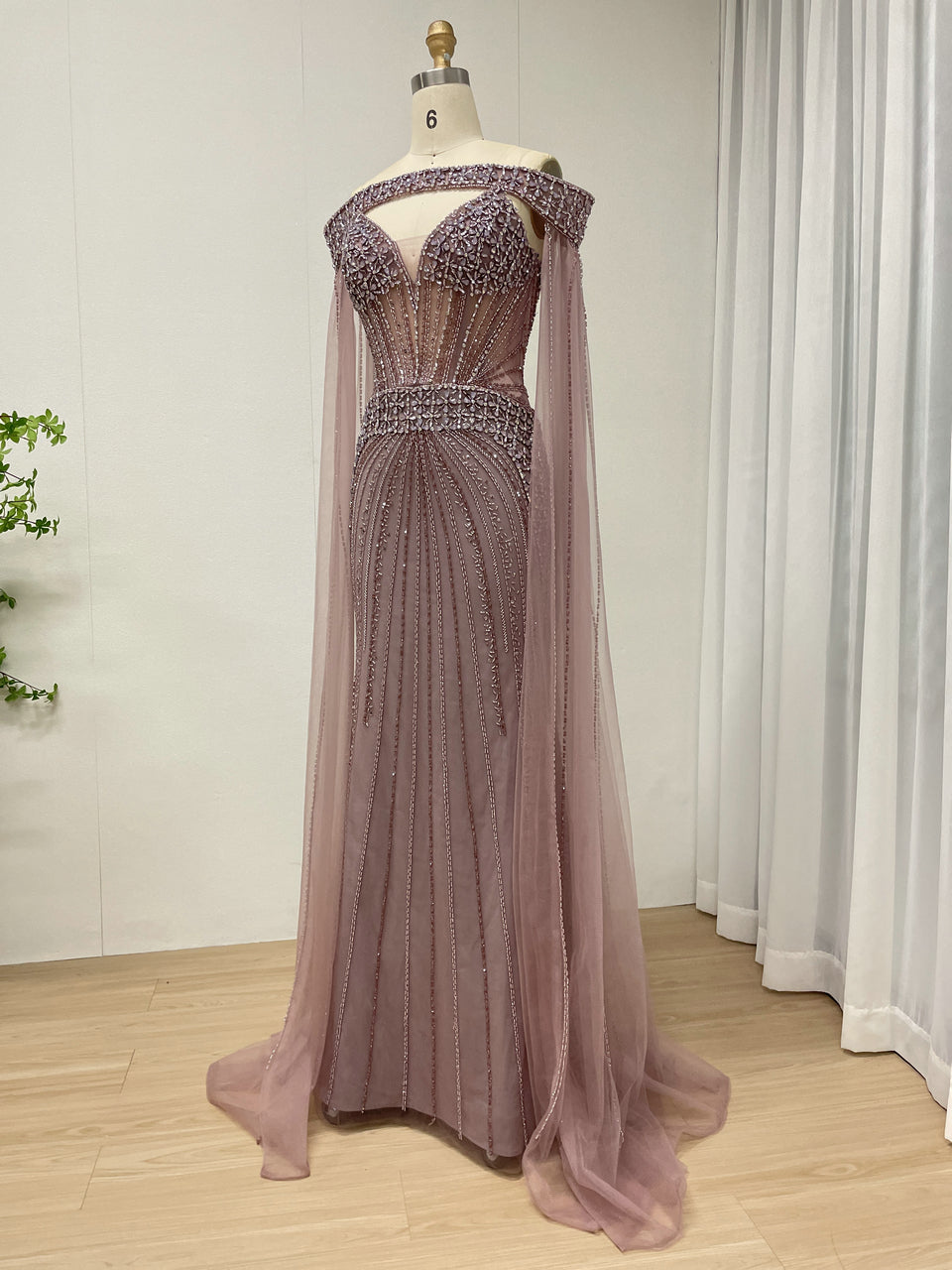 Intricate Beaded Formal Gown with Off-Shoulder and Detachable Sleeves MY30164