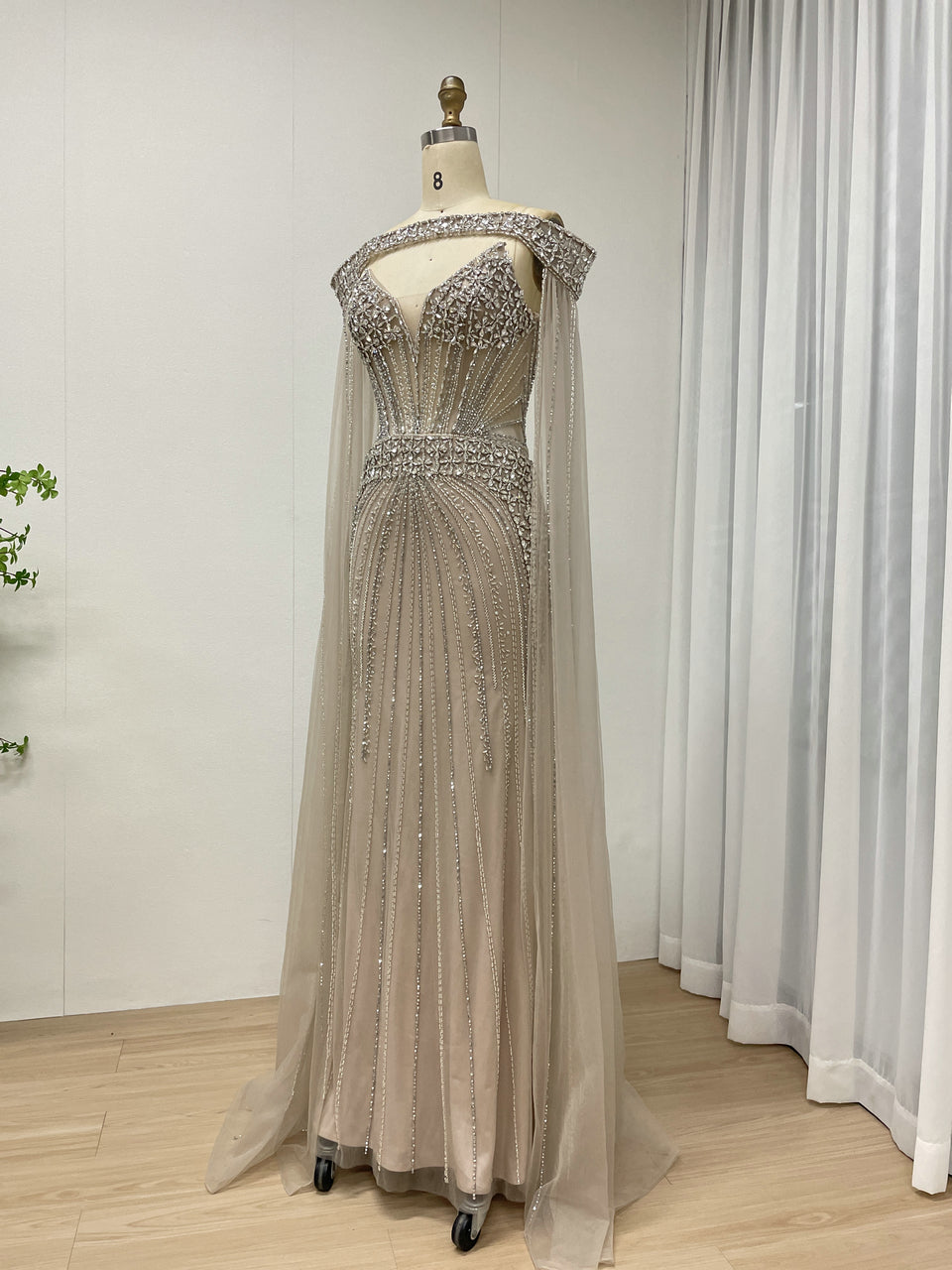 Intricate Beaded Formal Gown with Off-Shoulder and Detachable Sleeves MY30164