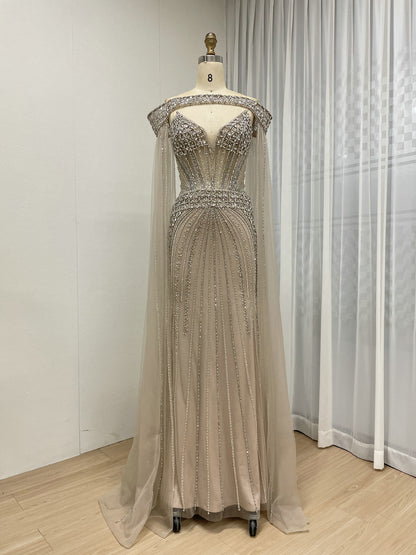 Intricate Beaded Formal Gown with Off-Shoulder and Detachable Sleeves MY30164