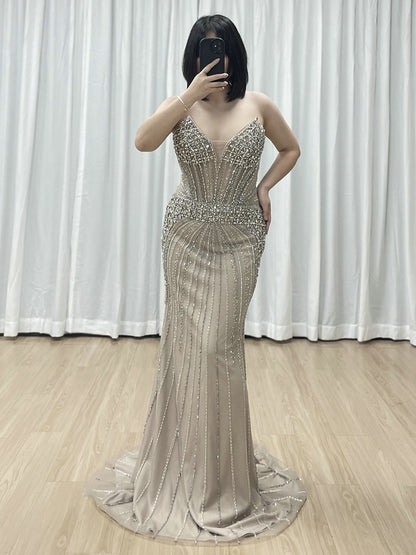 Intricate Beaded Formal Gown with Off-Shoulder and Detachable Sleeves MY30164