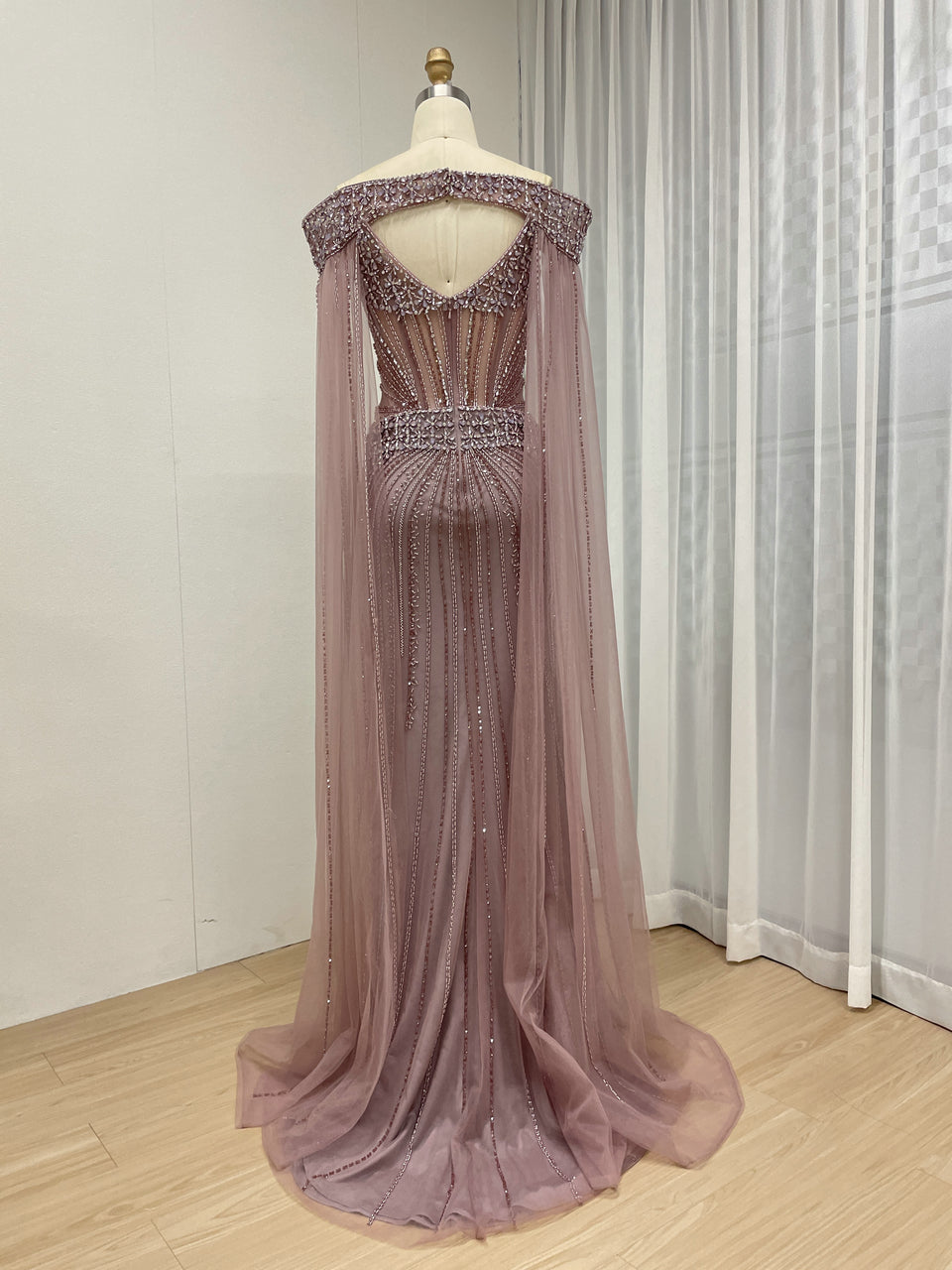 Intricate Beaded Formal Gown with Off-Shoulder and Detachable Sleeves MY30164