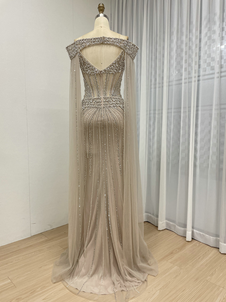 Intricate Beaded Formal Gown with Off-Shoulder and Detachable Sleeves MY30164