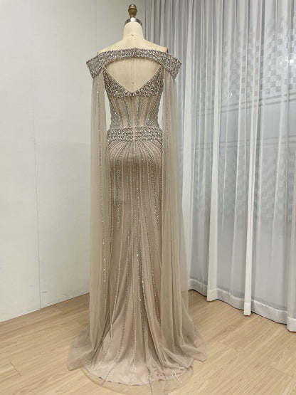 Intricate Beaded Formal Gown with Off-Shoulder and Detachable Sleeves MY30164