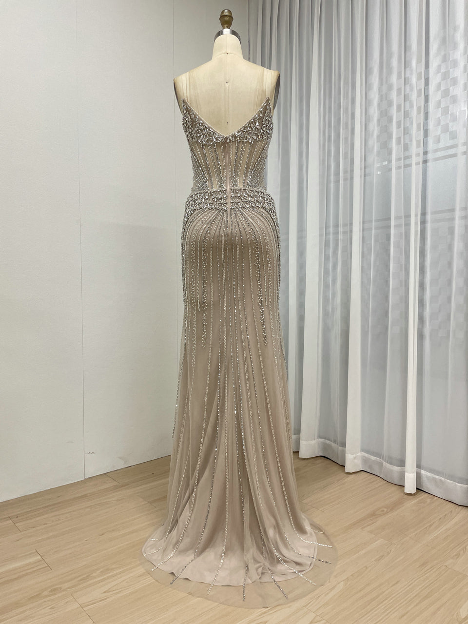 Intricate Beaded Formal Gown with Off-Shoulder and Detachable Sleeves MY30164
