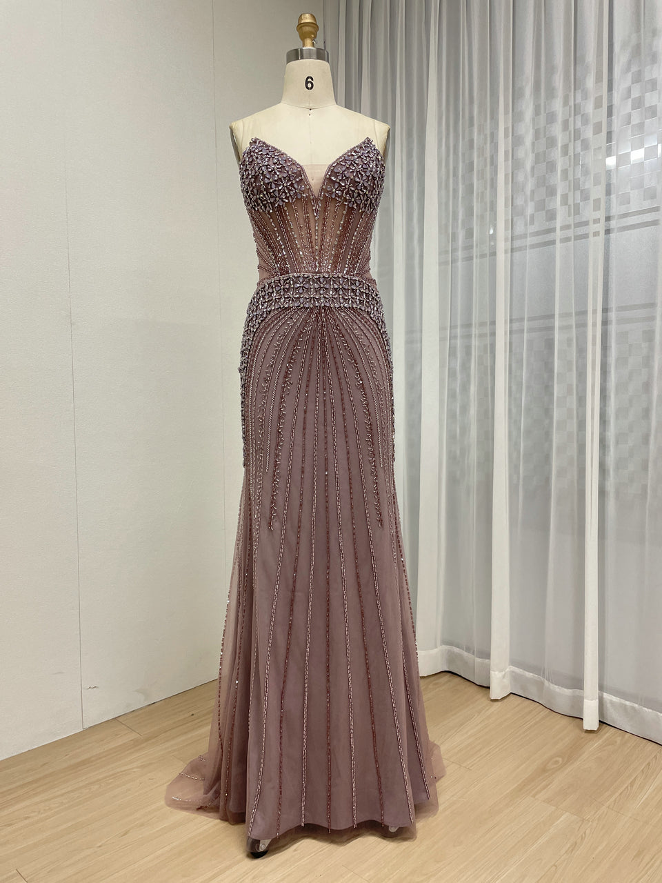 Intricate Beaded Formal Gown with Off-Shoulder and Detachable Sleeves MY30164