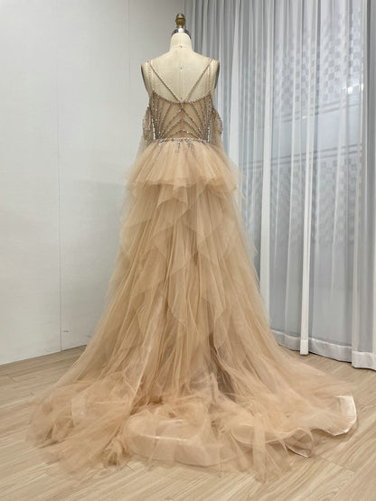 Champagne Mermaid Beaded Dress with Ruffled Tulle Overlay MY30165