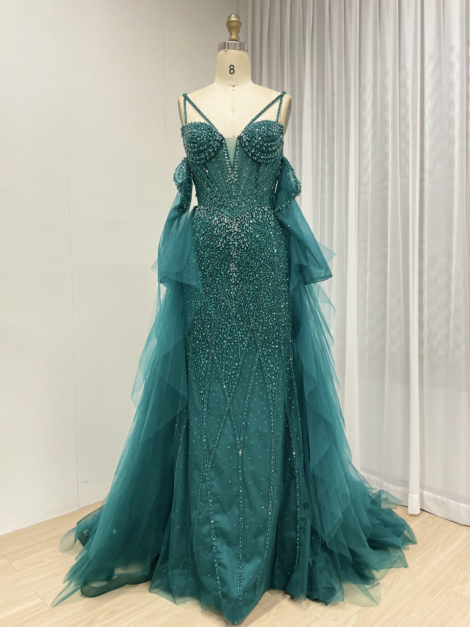 Champagne Mermaid Beaded Dress with Ruffled Tulle Overlay MY30165