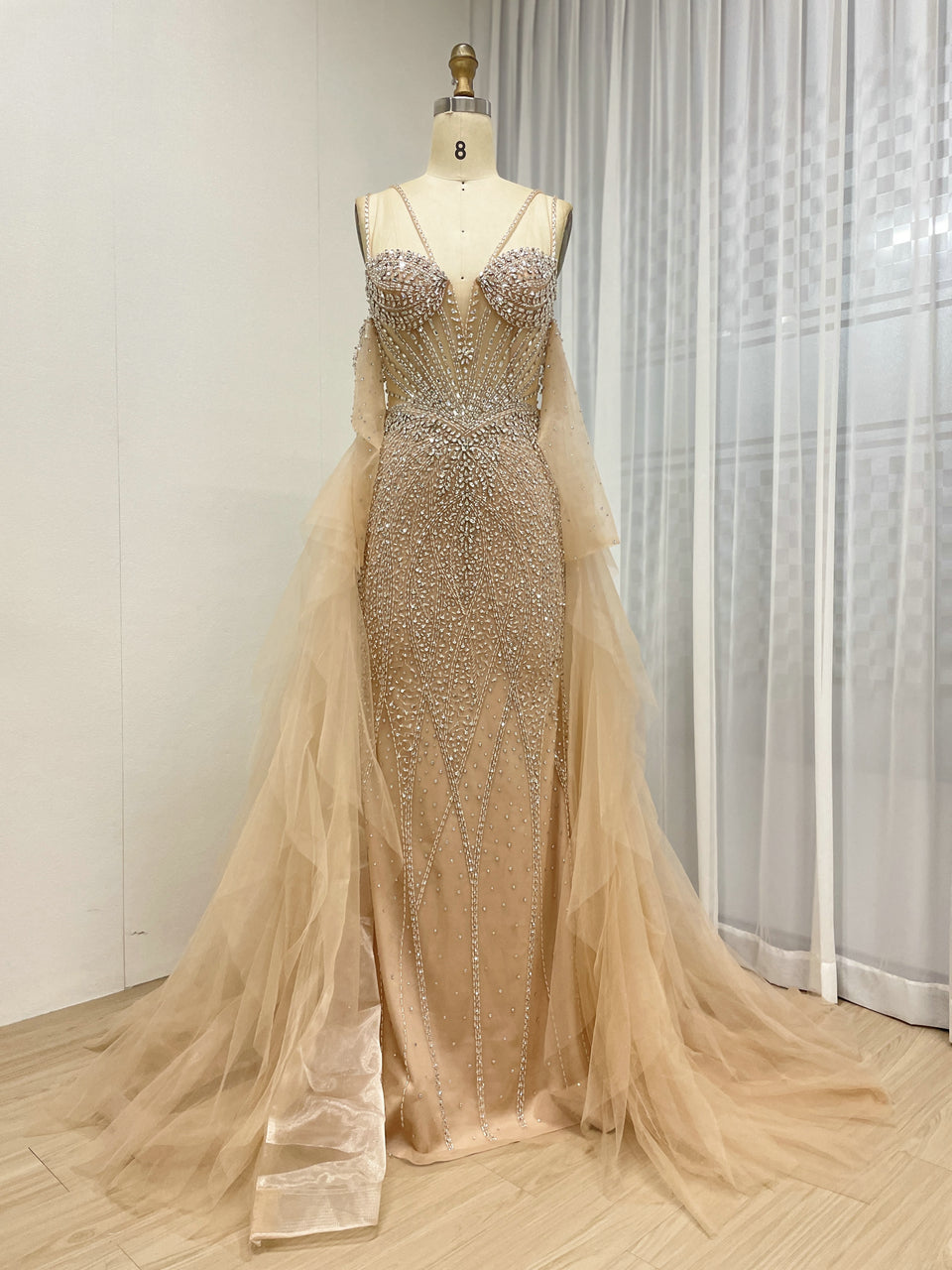 Champagne Mermaid Beaded Dress with Ruffled Tulle Overlay MY30165
