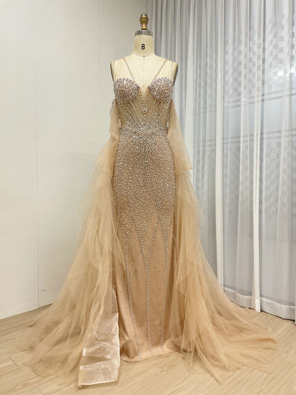 Champagne Mermaid Beaded Dress with Ruffled Tulle Overlay MY30165