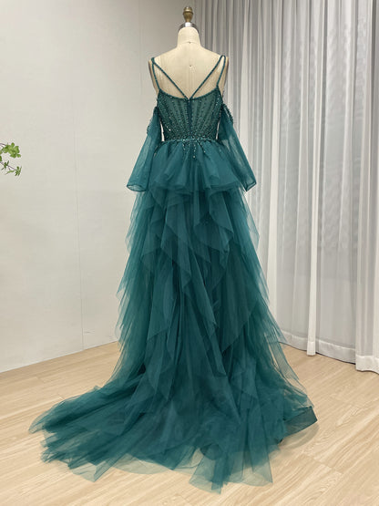 Champagne Mermaid Beaded Dress with Ruffled Tulle Overlay MY30165