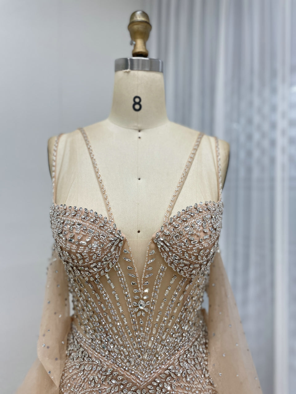 Champagne Mermaid Beaded Dress with Ruffled Tulle Overlay MY30165