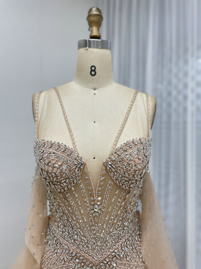 Champagne Mermaid Beaded Dress with Ruffled Tulle Overlay MY30165
