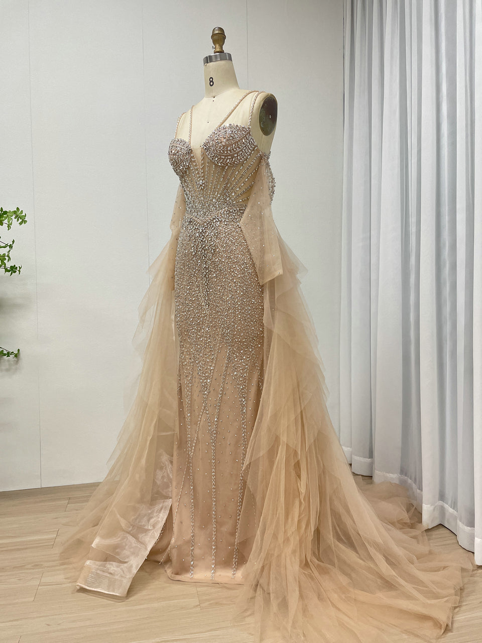 Champagne Mermaid Beaded Dress with Ruffled Tulle Overlay MY30165