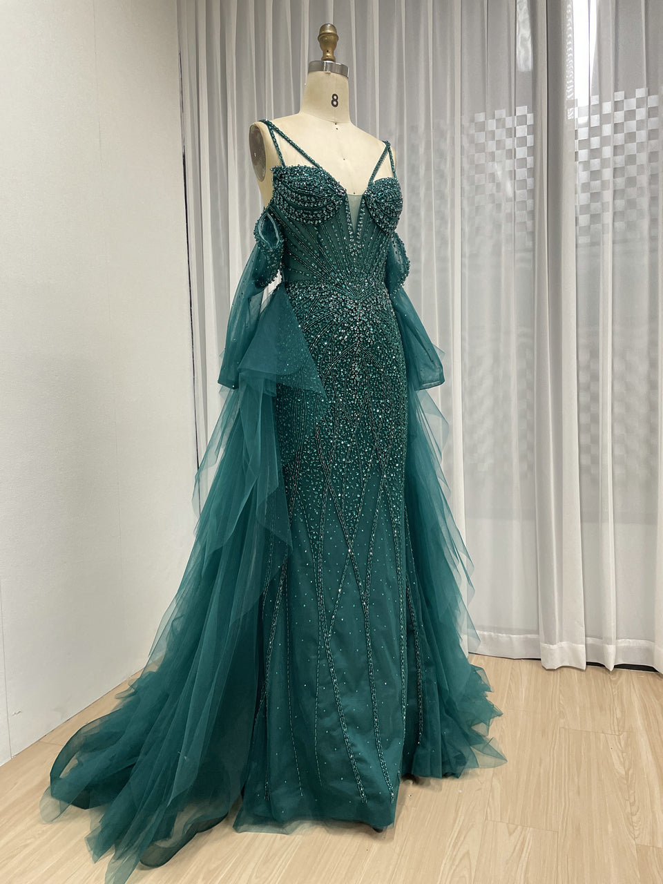 Champagne Mermaid Beaded Dress with Ruffled Tulle Overlay MY30165