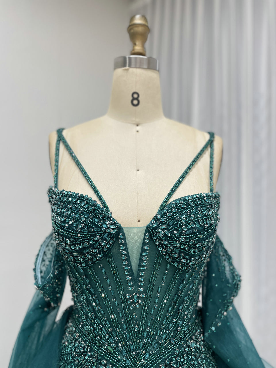 Champagne Mermaid Beaded Dress with Ruffled Tulle Overlay MY30165