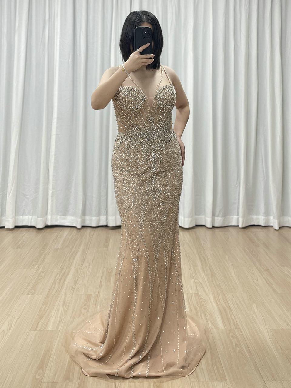Champagne Mermaid Beaded Dress with Ruffled Tulle Overlay MY30165