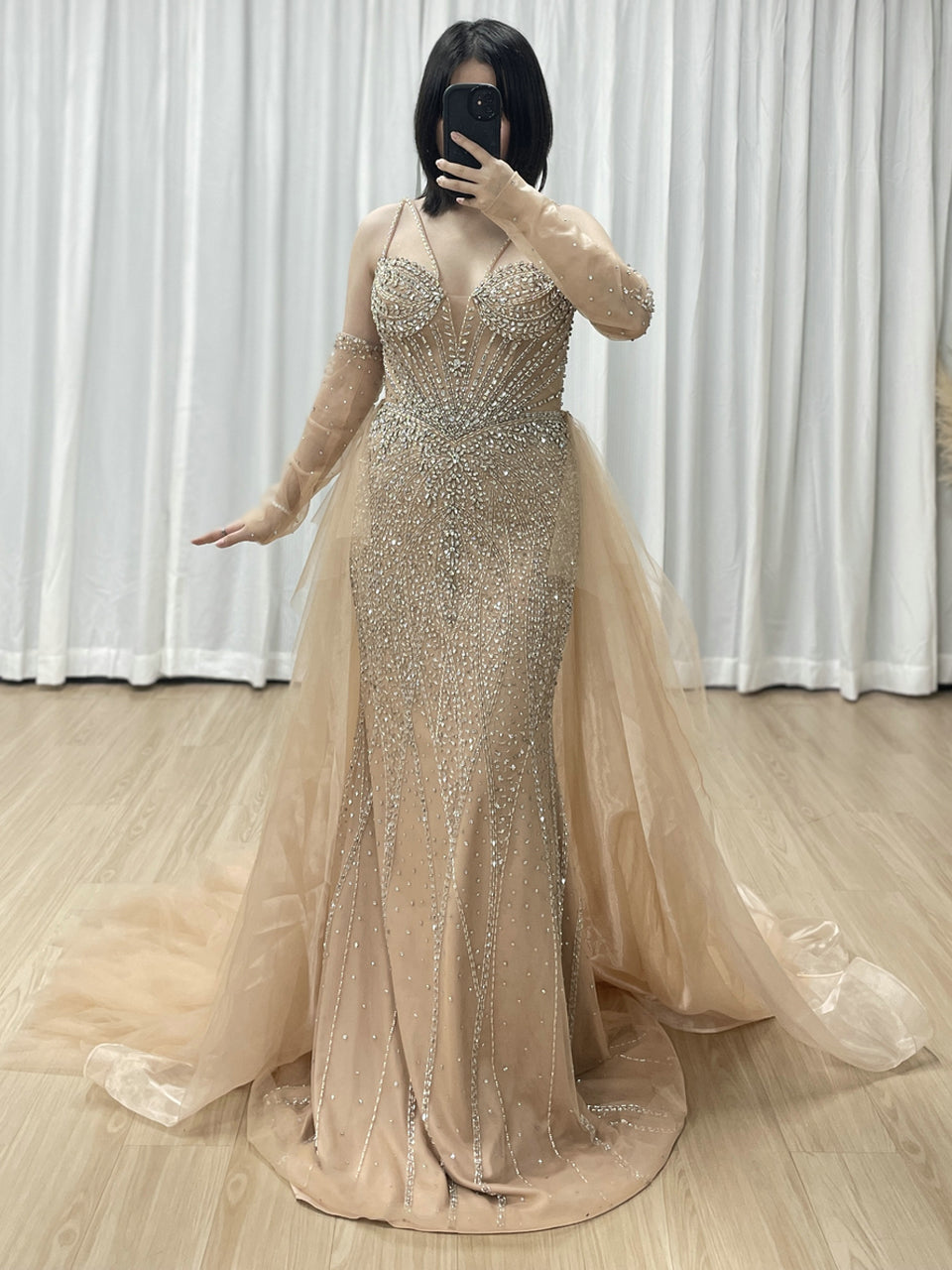 Champagne Mermaid Beaded Dress with Ruffled Tulle Overlay MY30165