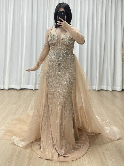 Champagne Mermaid Beaded Dress with Ruffled Tulle Overlay MY30165