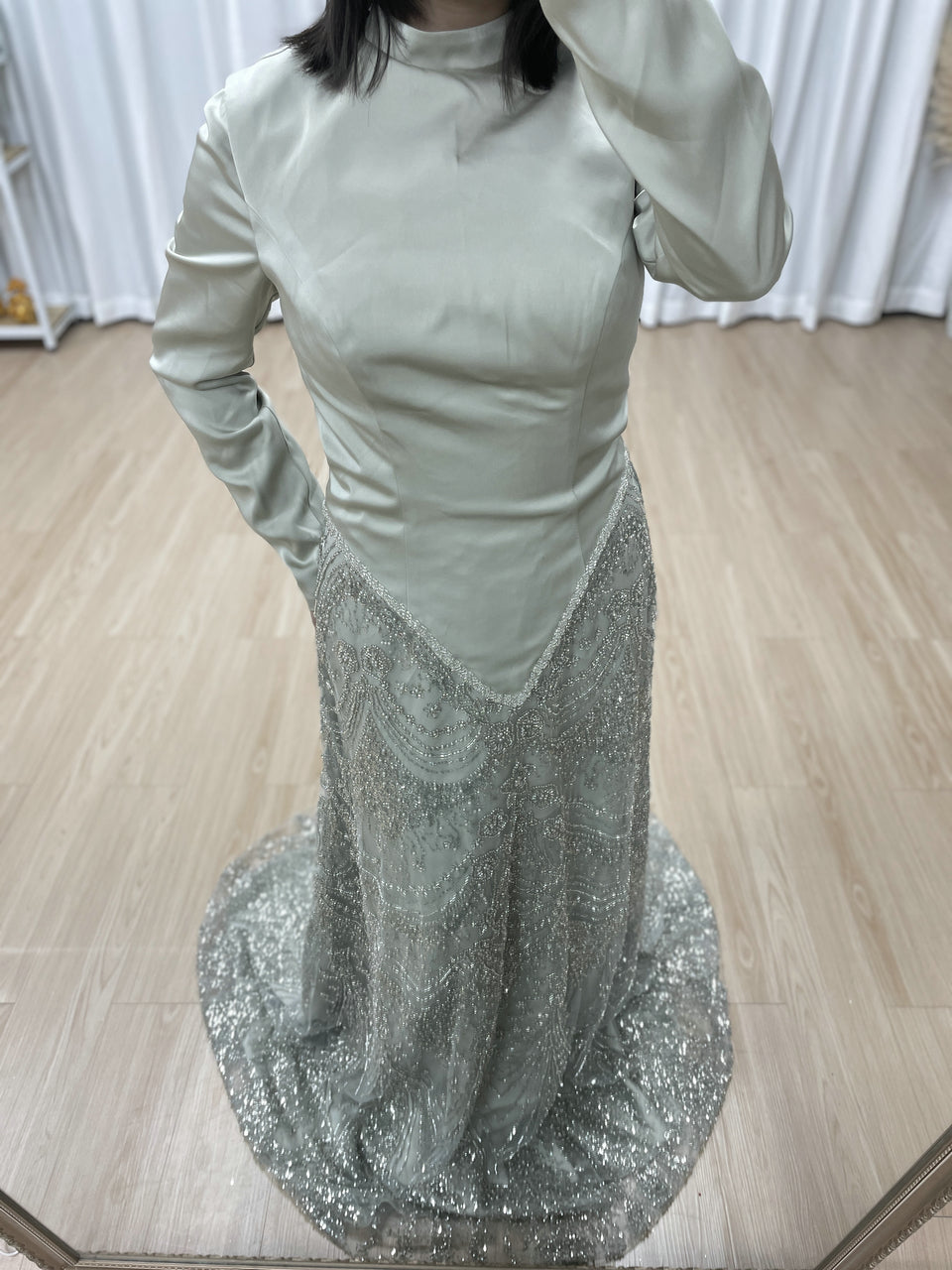 Elegant Long Sleeve Beaded Evening Dress with Satin Top MY30166