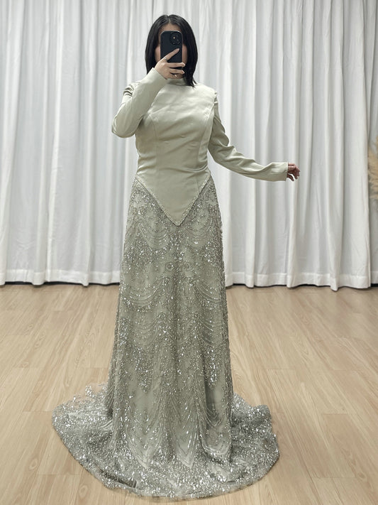 Elegant Long Sleeve Beaded Evening Dress with Satin Top MY30166