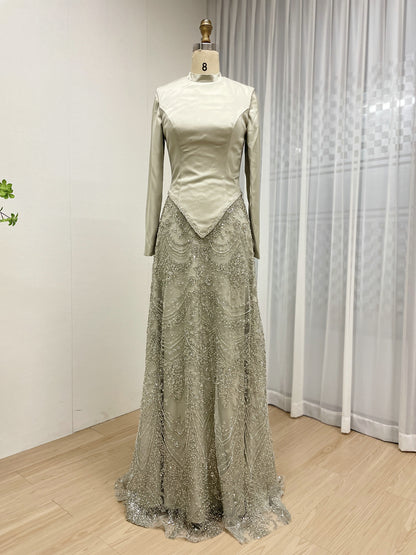 Elegant Long Sleeve Beaded Evening Dress with Satin Top MY30166