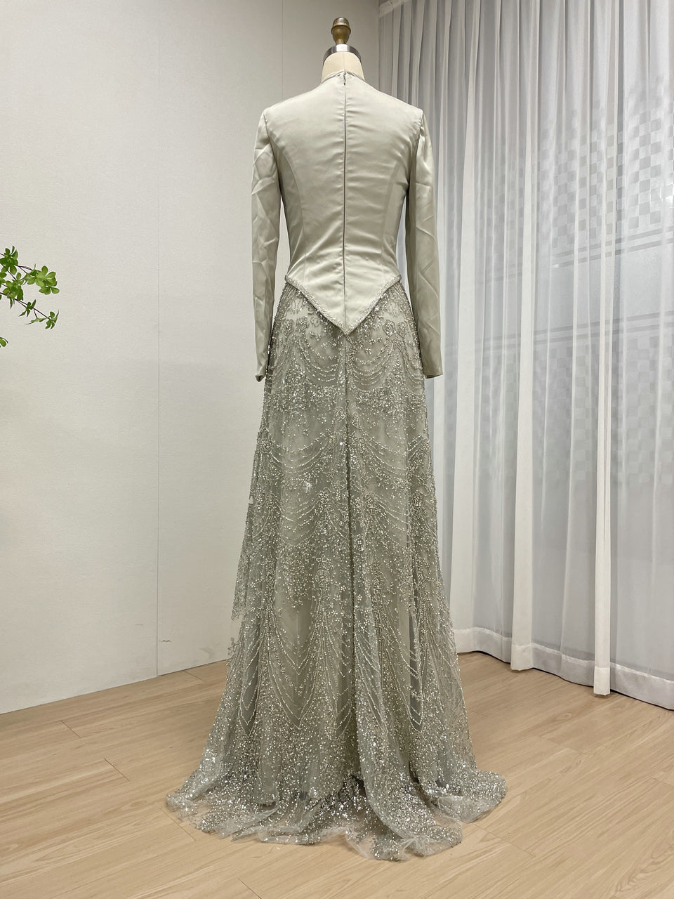 Elegant Long Sleeve Beaded Evening Dress with Satin Top MY30166
