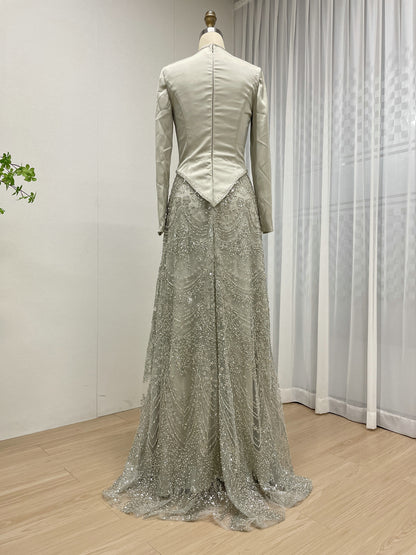 Elegant Long Sleeve Beaded Evening Dress with Satin Top MY30166